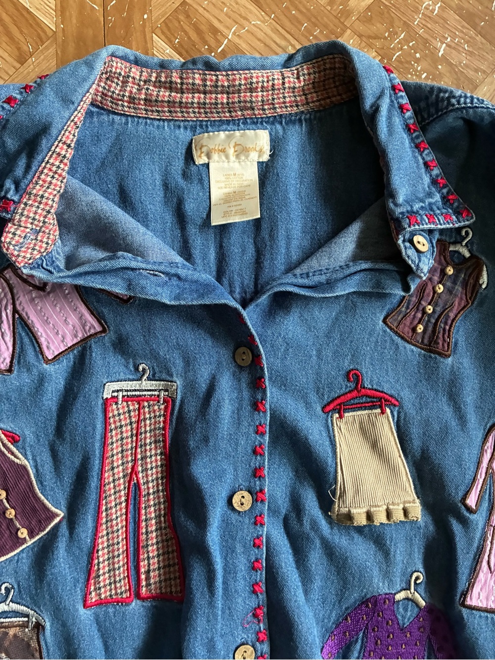 Bobbie Brooks Blue Denim Button-Down Shirt with Multicolor Appliqués